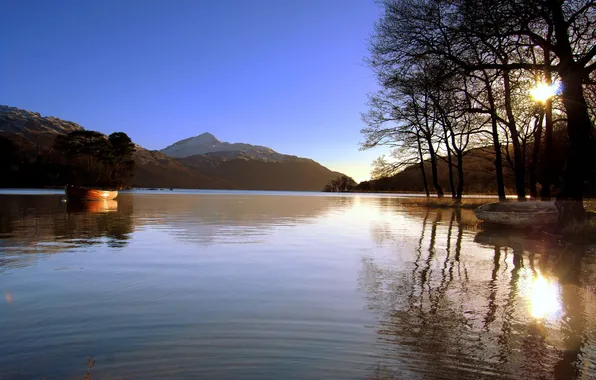 The sun, trees, mountains, nature, lake, boats