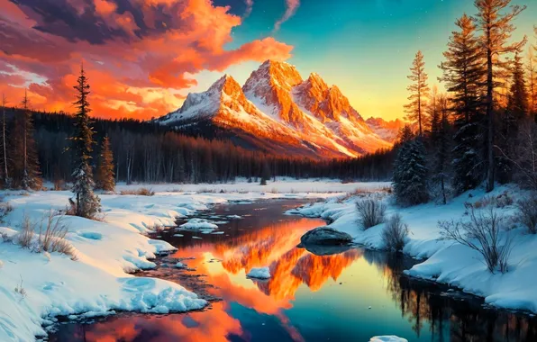 Forest, the sky, clouds, snow, sunset, mountains, reflection, river