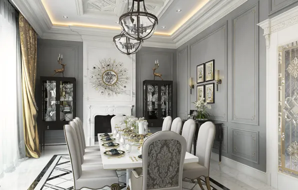 Wallpaper design, decor, living room, table, interior, chandelier, flowers, chair