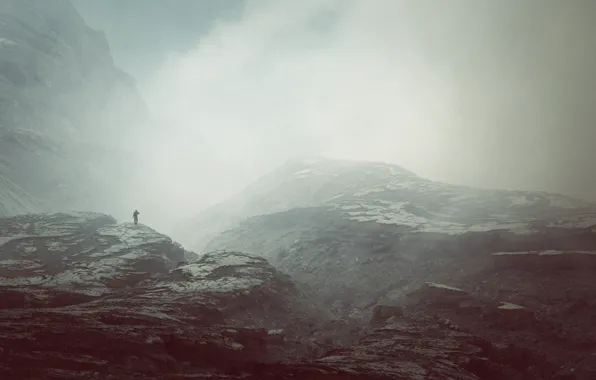 Misty, mountains, fog, man, peaks