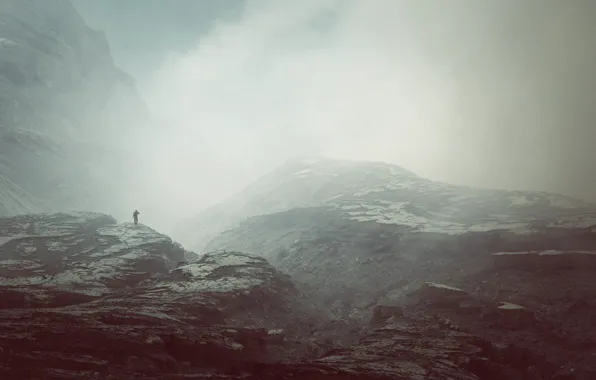 Picture misty, mountains, fog, man, peaks