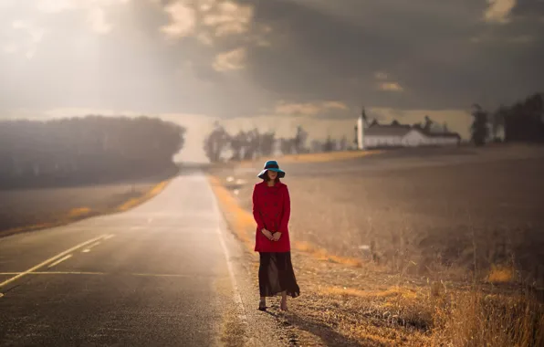 Road, autumn, girl, hat, waiting, coat