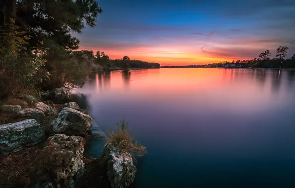 Trees, landscape, sunset, nature, lake, stones, USA, Lake Woodlands