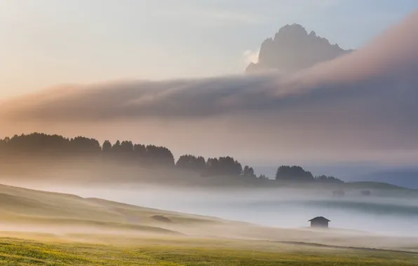 Landscape, mountains, fog, morning, Italy, Dolomites, Alpe di Siussi