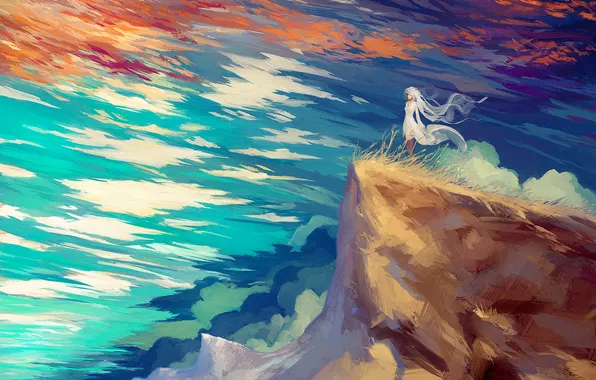 The sky, girl, clouds, mountains, nature, rock, anime, art