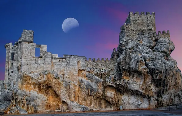 Sea, the sky, castle, rocks, the moon, Spain, Andalusia, The Zuheros