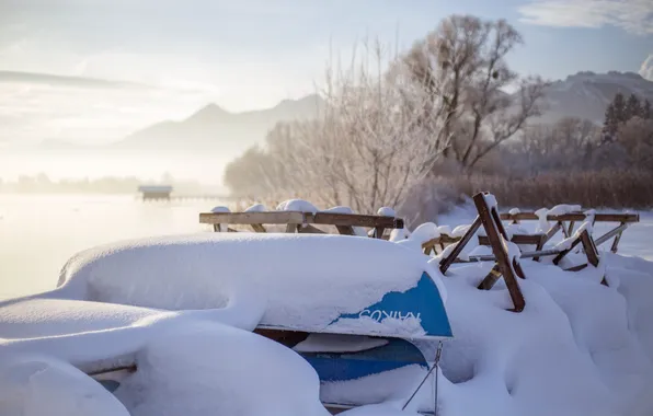 Winter, snow, lake, boats, morning