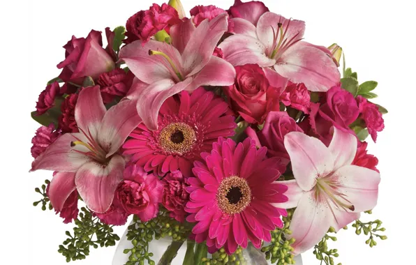 Pink, Lily, roses, bouquet, gerbera, clove