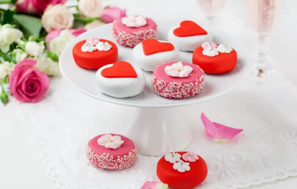 Picture decoration, flowers, food, roses, bouquet, heart, dessert, sweet
