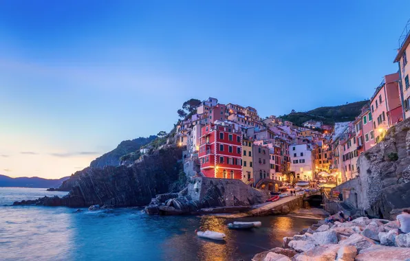 Sea, light, the city, lights, people, rocks, shore, coast