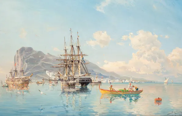 Picture barrel, at anchor, Herman Gustav of Sillen, The Swedish frigate, in the roads of Gibraltar