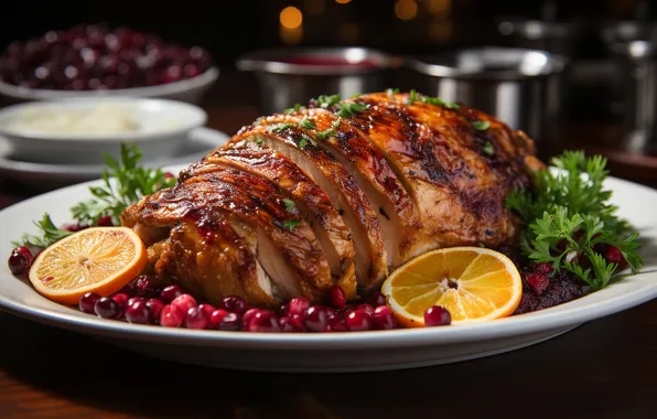 Greens, berries, the dark background, meat, lemons, pan, cranberry, grilled meat