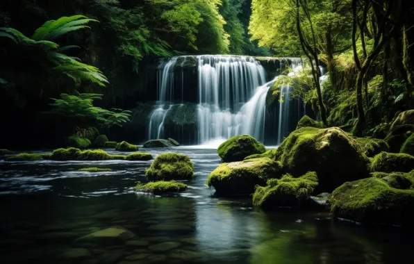 Greens, forest, summer, trees, branches, stones, thickets, shore