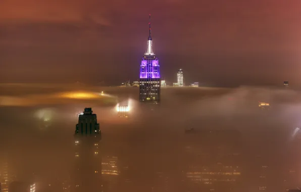 Picture the sky, light, the city, lights, fog, the building, skyscrapers, cloud