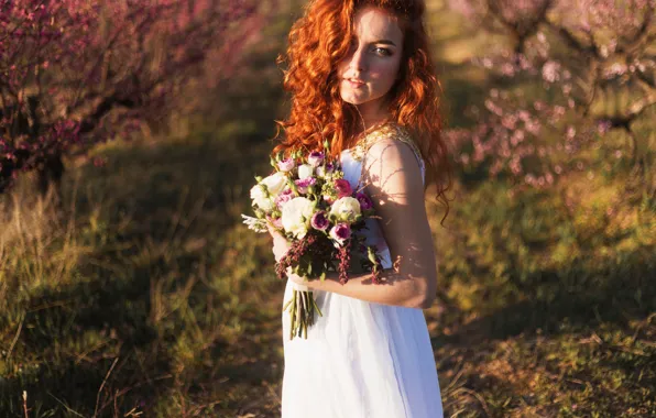 Picture bouquet, dress, the bride, redhead
