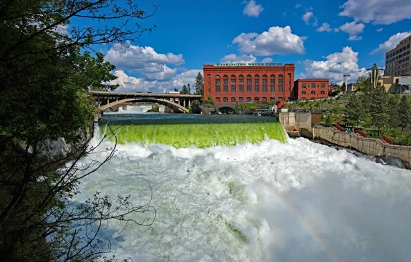 The sky, the sun, clouds, trees, bridge, river, waterfall, home