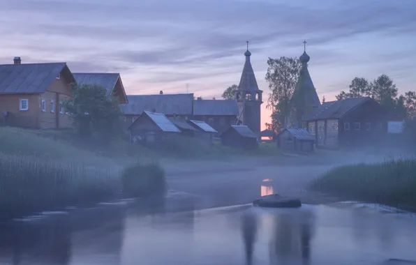 The sky, fog, river, morning, village, Church, haze, houses