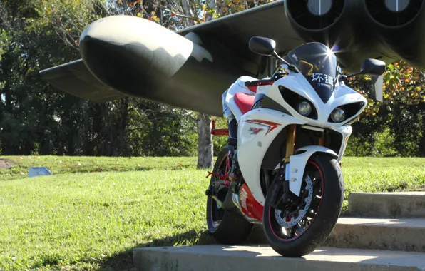 The plane, wing, motorcycle, white, yamaha, bike, Yamaha, yzf-r1