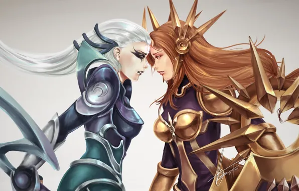 Picture girls, art, armor, League of Legends, Leona, face-to-face, Diana
