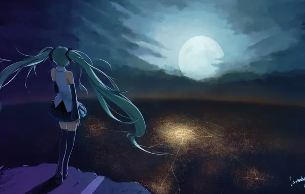 Picture girl, the city, lights, the moon, anime, art, vocaloid, hatsune miku