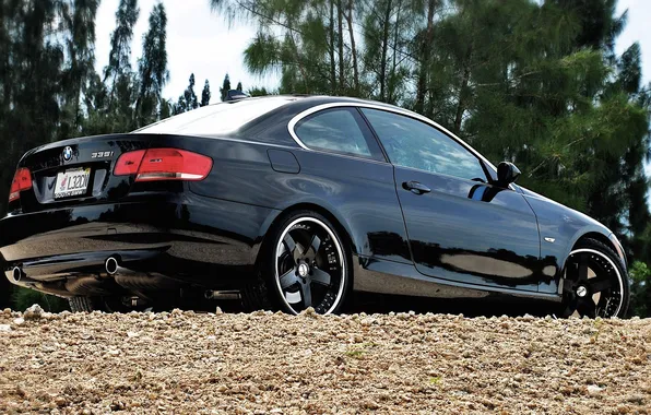 Picture car, forest, gravel, black bmw