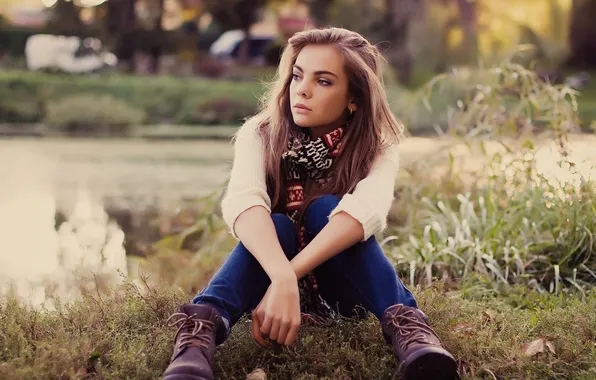 Grass, look, girl, hair, sitting, looks