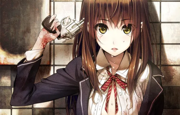 Girl, weapons, blood, tie, revolver, ikeda yasuhiro