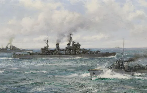 Sea, ships, cruiser, Montague Dawson