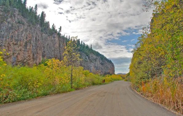 Road, autumn, the sky, clouds, trees, mountains, rocks, foliage
