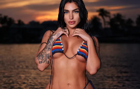 Swimsuit, chest, look, landscape, sunset, sexy, pose, model