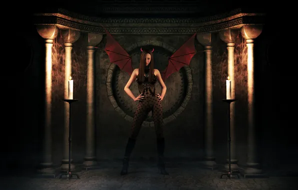 Girl, wings, candles, the demon, costume, shadows, horns