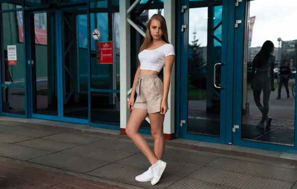 Girl, model, shorts, slim, sneakers