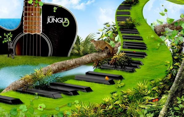 Grass, clouds, animals, guitar, keys