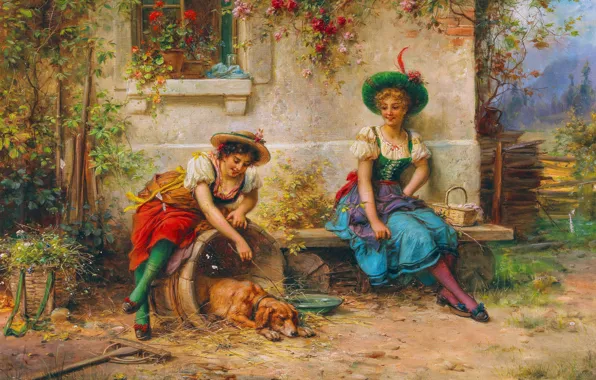 Picture Girls, Dog, House, Picture, Hans Zatzka, Austrian artist, Hans Zacka, Torturers