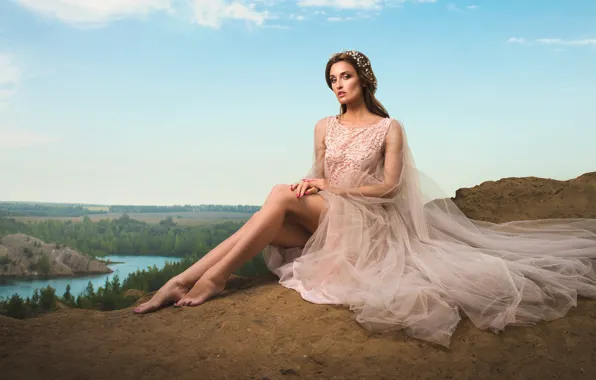 Picture girl, landscape, nature, barefoot, dress, brown hair, barefoot, Igor Makarov