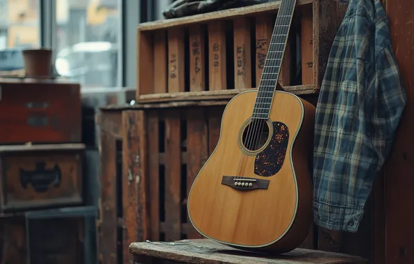 Music, table, room, furniture, guitar, window, boxes, shirt