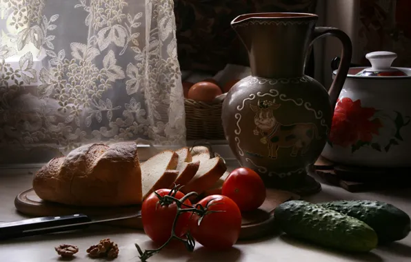 Bread, pitcher, still life, tomatoes, cucumbers