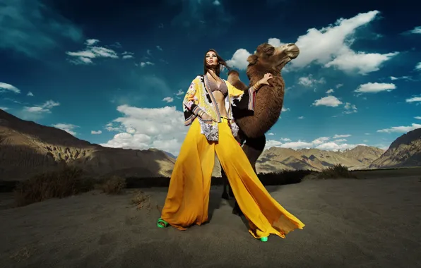 Girl, desert, model, camel