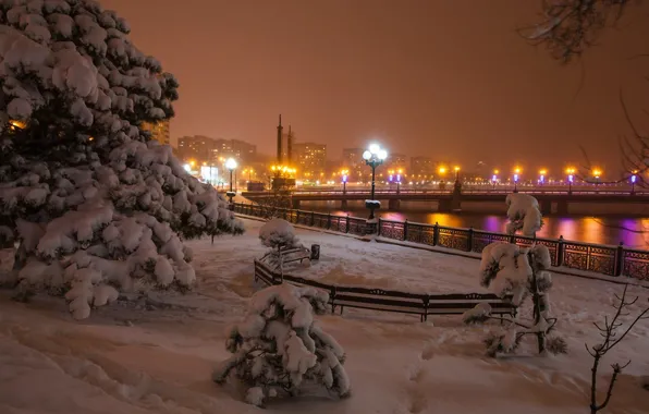 Picture winter, snow, bridge, lights, ate, promenade