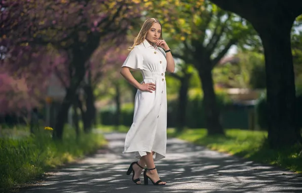 Look, girl, Park, dress, in white, bokeh