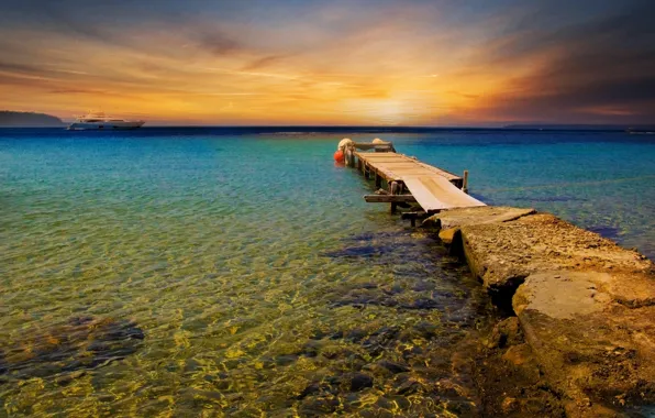 Picture sea, beach, the sky, water, landscape, sunset, liner, the bridge