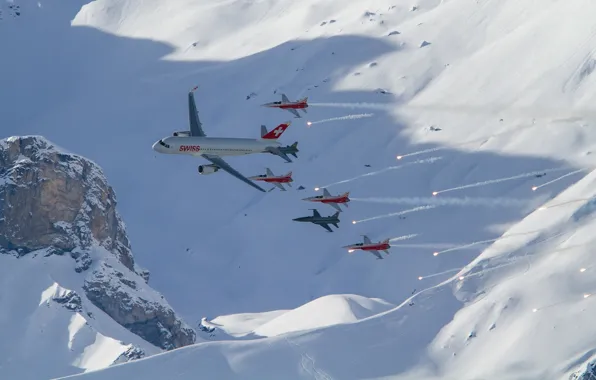 Snow, mountains, aircraft