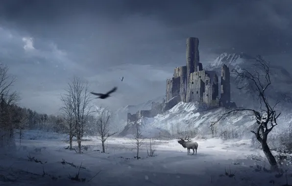 Winter, forest, snow, trees, castle, bird, mountain, Raven