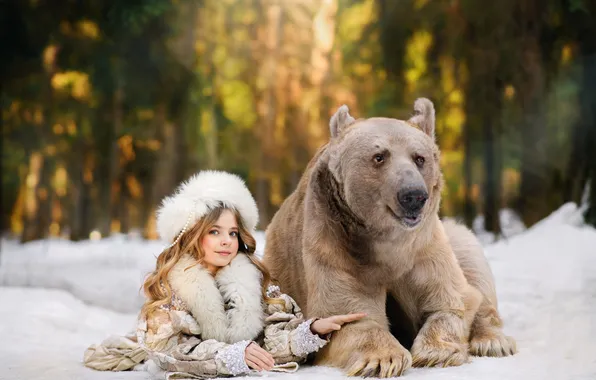 Winter, forest, look, snow, nature, pose, bear, costume