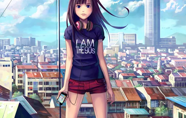 The sky, girl, clouds, the city, wire, home, anime, headphones