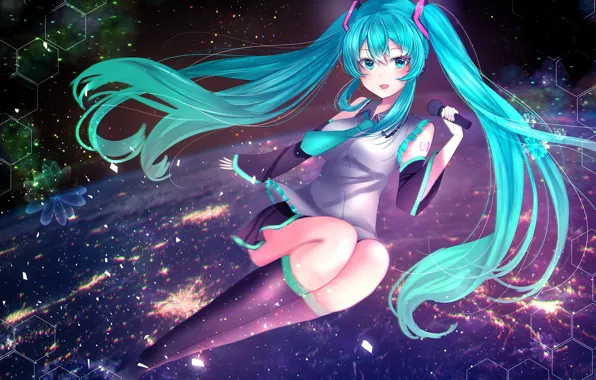 Picture girl, space, stars, earth, anime, art, microphone, vocaloid