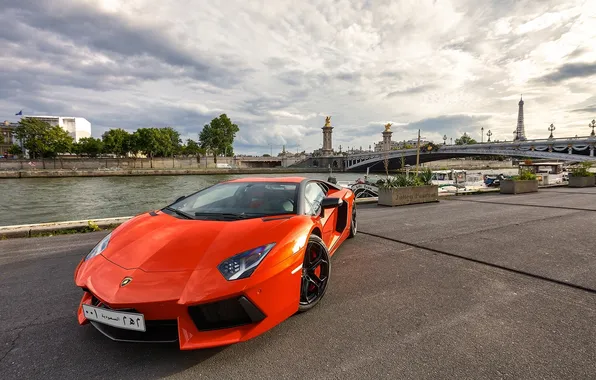 The sky, clouds, orange, Lamborghini, front view, promenade, orange, LP700-4