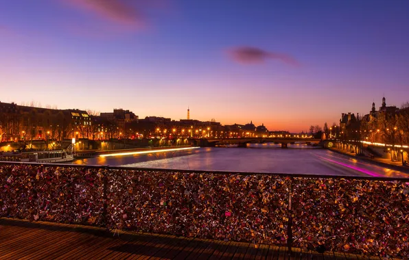 Night, bridge, lights, river, France, Paris