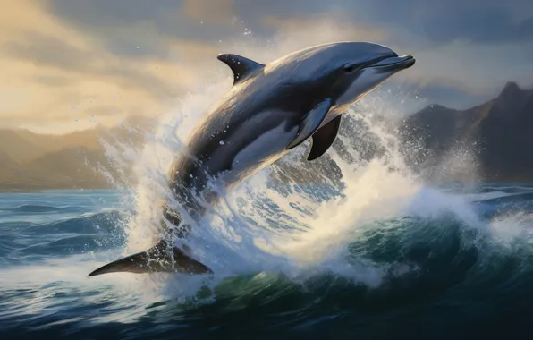 Picture Sea, Mountains, Wave, Jump, Dolphin, Digital art, AI art, The Art of Artificial Intelligence