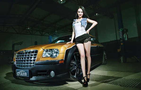 Machine, auto, girl, model, Asian, car, korean model, Chrysler 300C